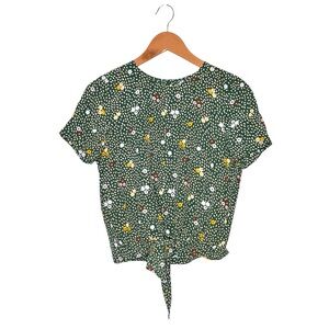 Madewell Silk Button Back Front tie Shirt Size Small Olive Green Ditsy Floral